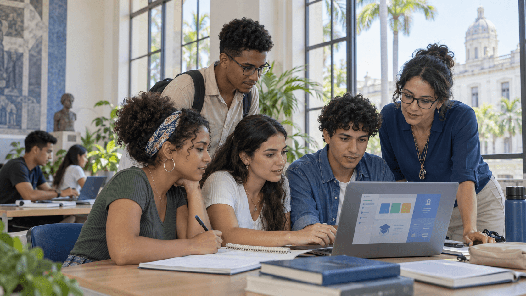 Ambiente universitario moderno con aprendizaje en línea